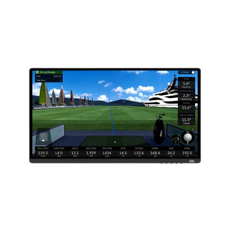 27 inch 4K touch screen monitor displaying a golf simulator driving range.
