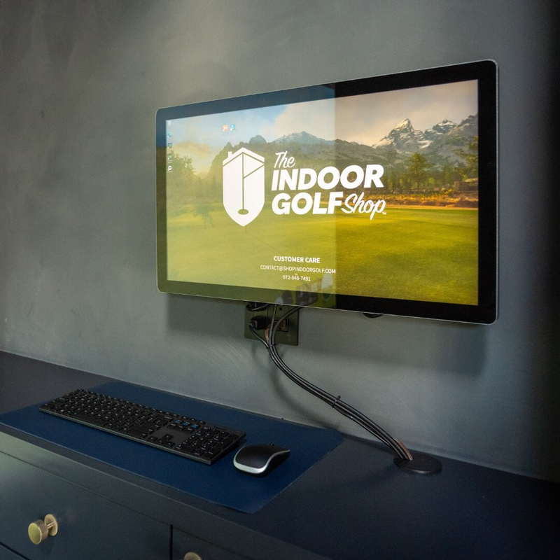 27 inch 4K touch screen monitor wall mounted on an articulating arm, angled view.