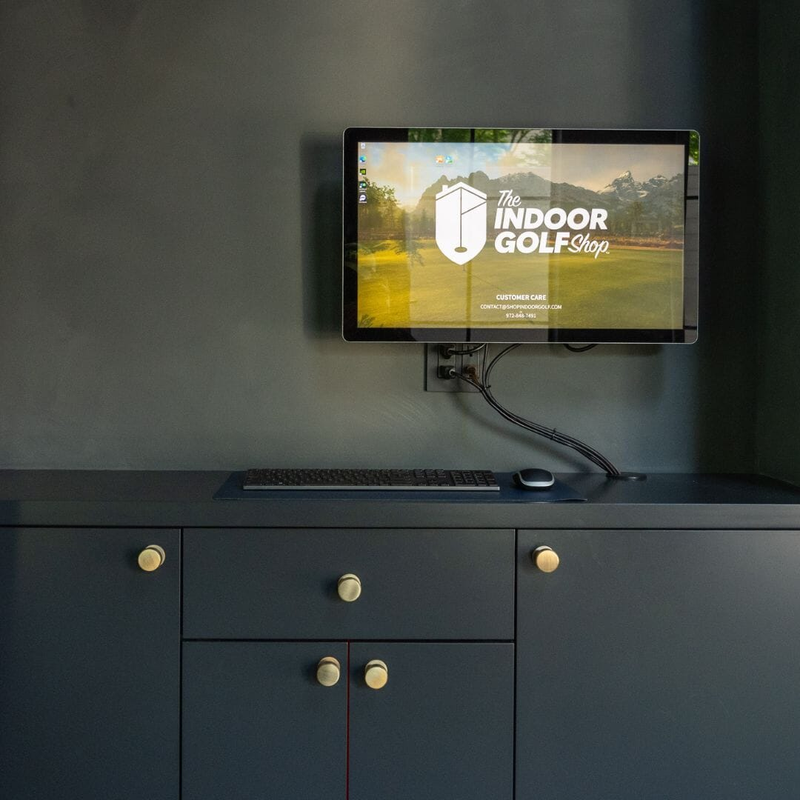 27 inch 4K touch screen monitor wall mounted above a cabinet, front view.