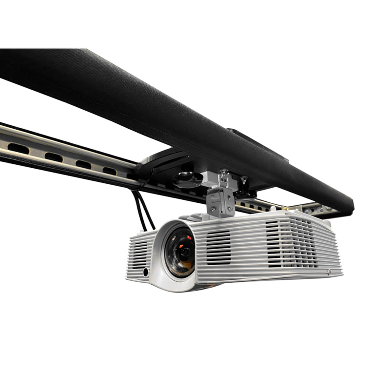 AllSportSystems SkyRail+ Cage Projector Mount projector hanging from sliding rail under enclosure.