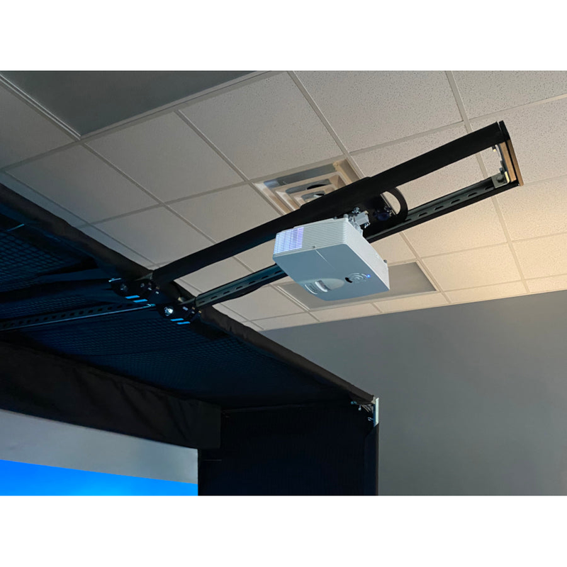 AllSportSystems SkyRail+ Cage Projector Mount rail spanning enclosure with short throw projector.