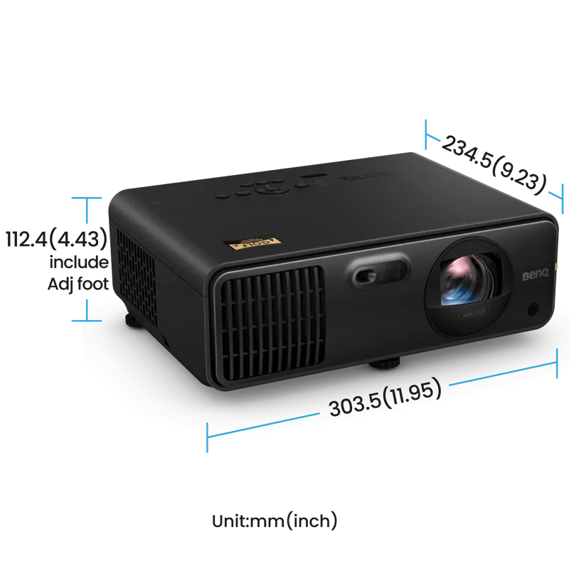 BenQ AK700ST 4000-Lumen 4K Short Throw Laser Golf Simulator Projector - Certified Refurbished angled view with dimensions.
