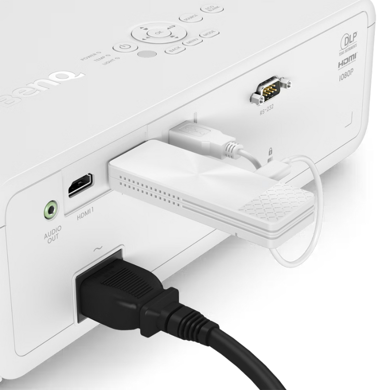 BenQ Qcast Mirror QP30 HDMI Wireless Dongle rear angle plugged view.