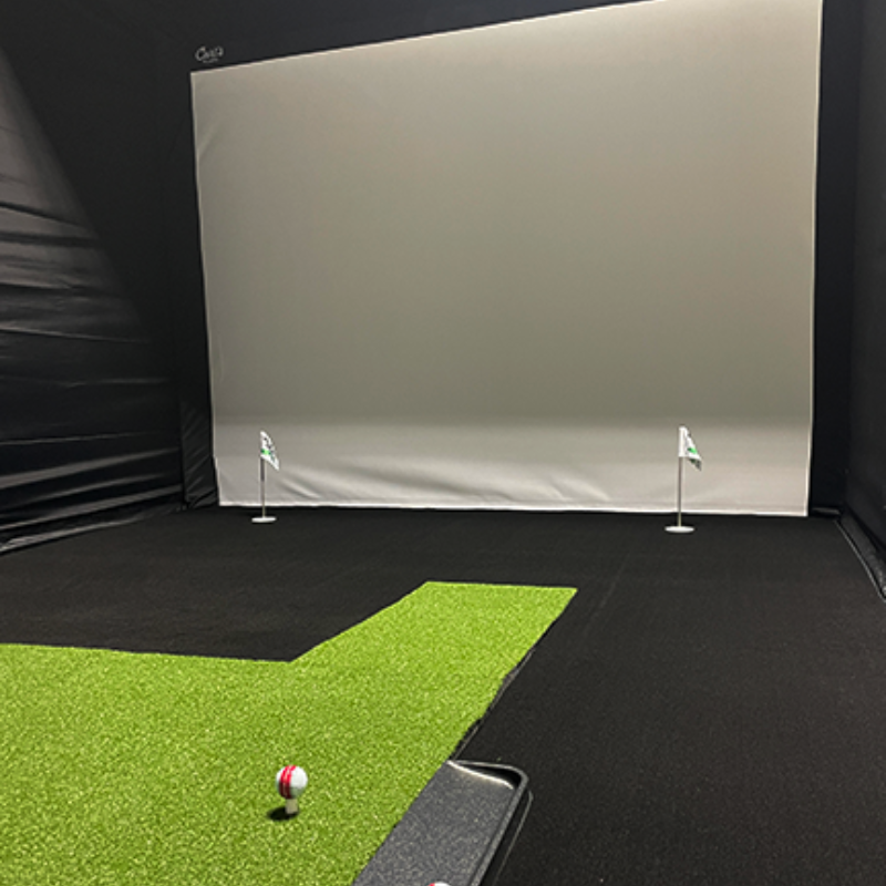 Big Moss Midnight Shadow Golf Simulator Putting Turf for Carl's Place DIY Enclosure with hitting mat and return ramp.