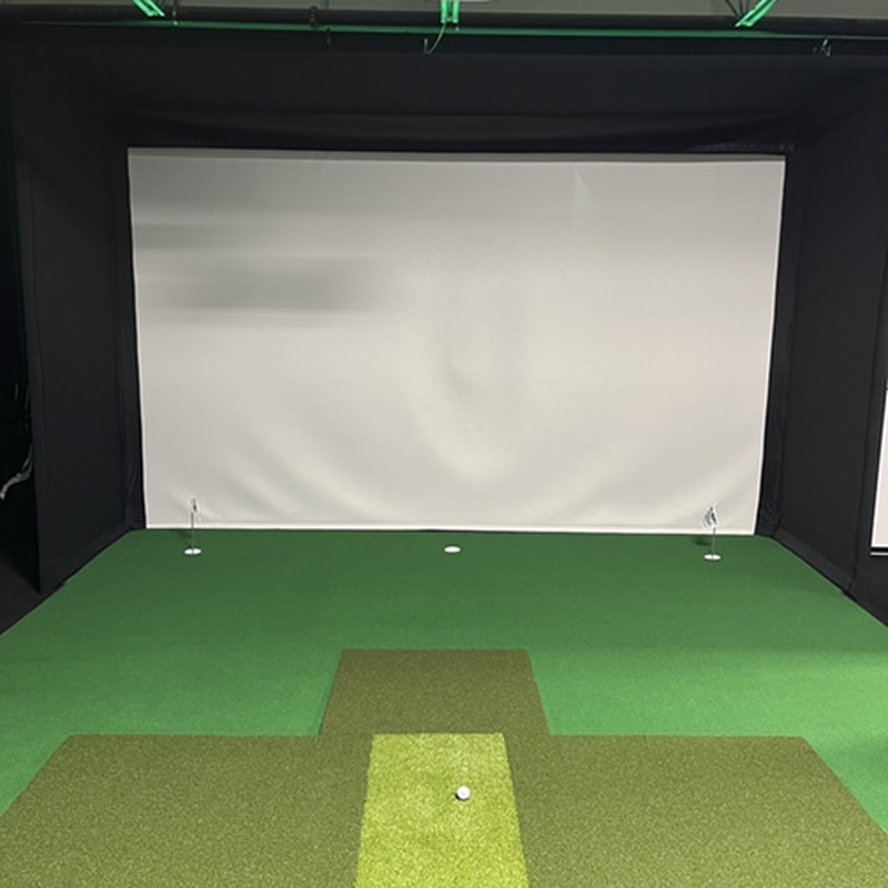 Big Moss True Launch Pure Flight Premium Hitting Strip in a golf simulator.