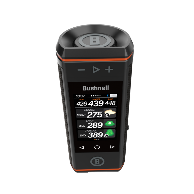 Bushnell Wingman HD golf GPS speaker top angled view.