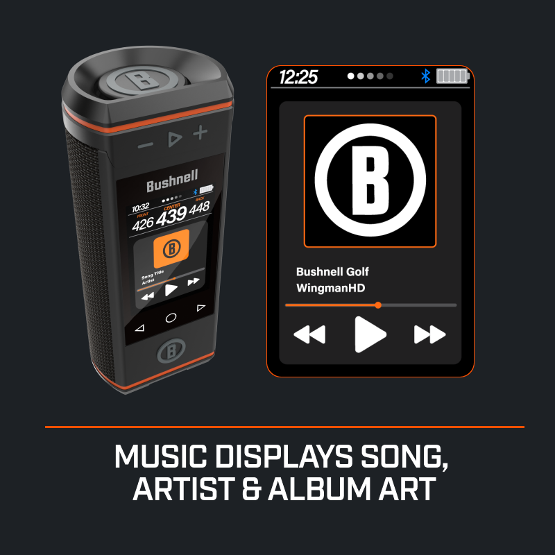 Bushnell Wingman HD music display with song artist and album art.