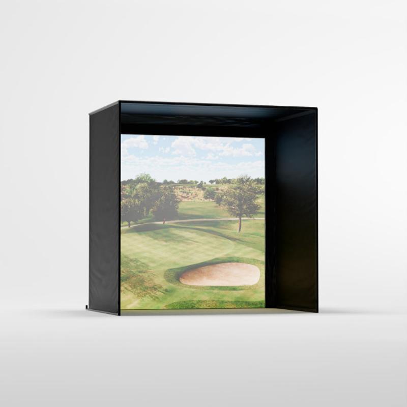 Carls Place C-Series DIY Golf Simulator Enclosure Kit front view 8x8 black frame golf course screen.