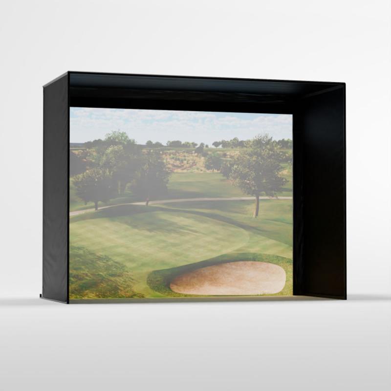 Carls Place C-Series DIY Golf Simulator Enclosure Kit front view 9x12 black frame golf course screen.
