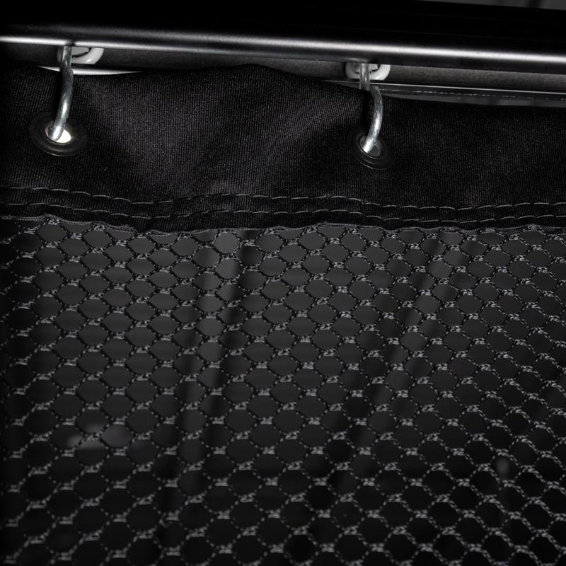 Carls Place Golf Room Netting straight view of hanging black mesh netting with metal hooks.