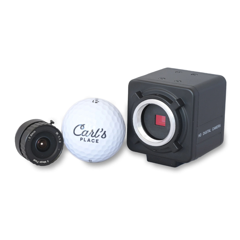 Carl's Place Golf Swing Camera with lens and golf ball.