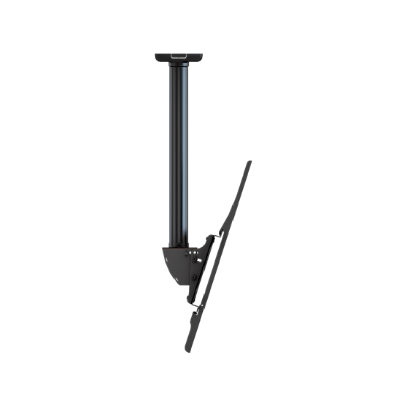 Complete Ceiling Installation Kit for Displays side view of black metal frame and tilted mount.