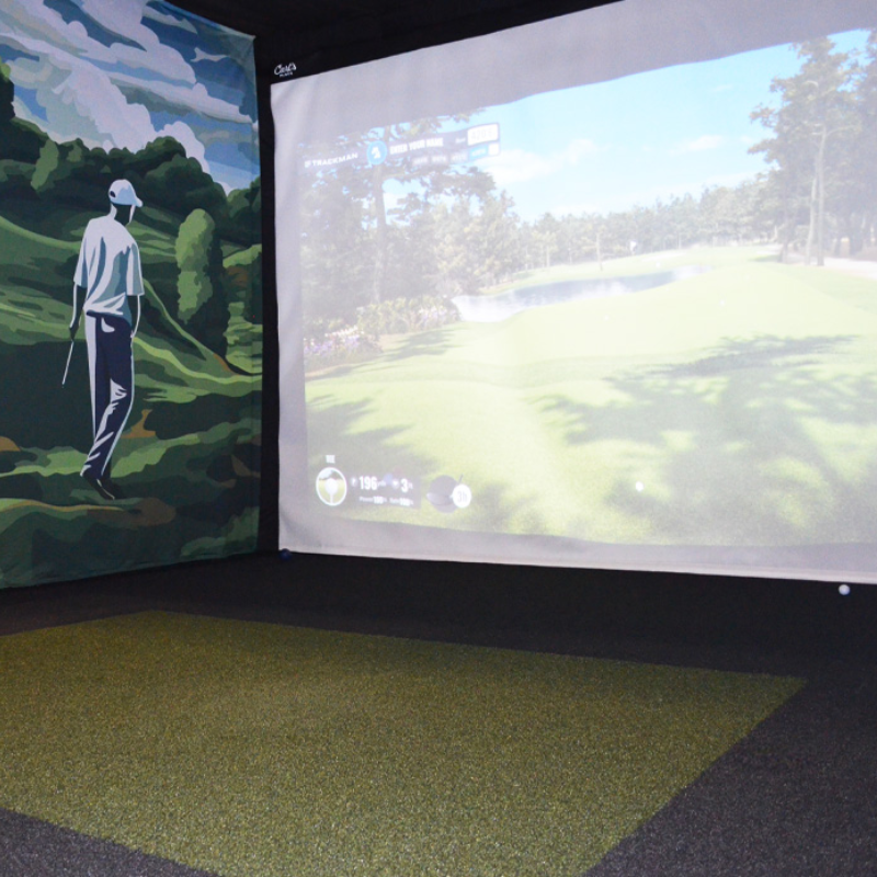 EZTee Camo Golf Hitting Strip and Tee Line Turf used in golf simulator studio.