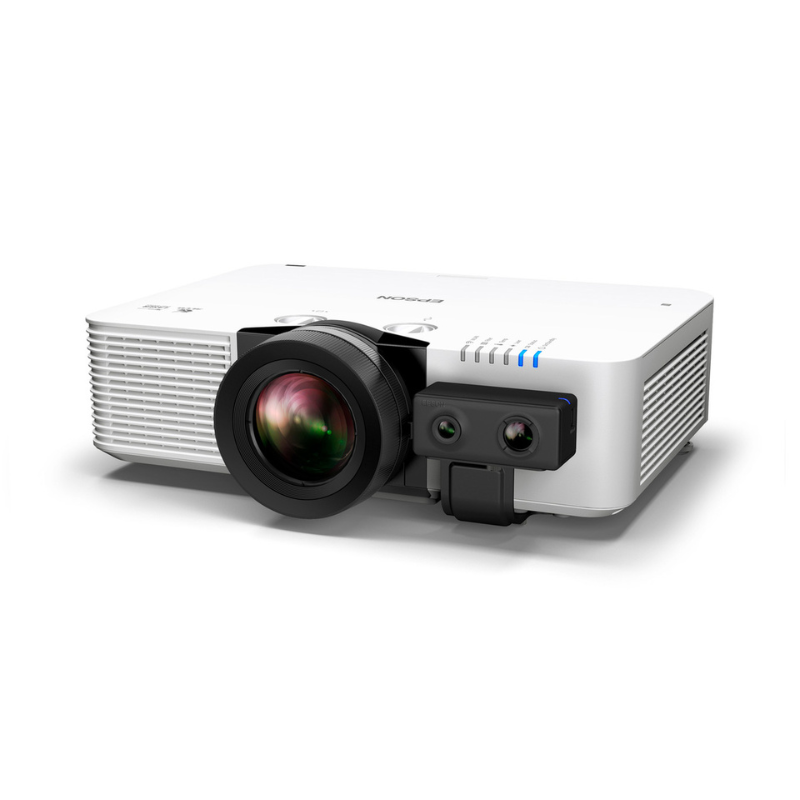 Epson L690E Powerlite 6500 Lumen WUXGA Short Throw 3LCD Laser Projector with 4K Enhancement left angled view with sensor.