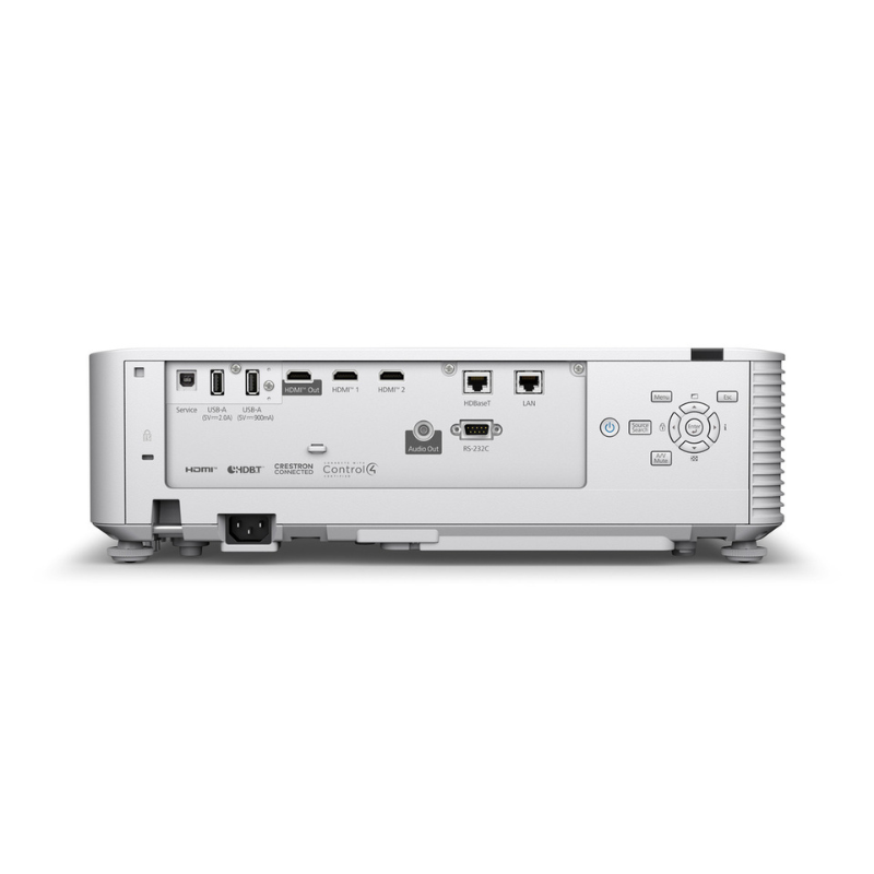 Epson L890E PowerLite 8000 Lumen WUXGA Normal Throw 3LCD Laser Projector with 4K Enhancement rear port view with logo.