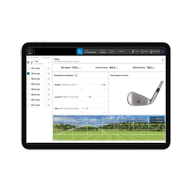 FlightScope XC3 Launch Monitor and Golf Simulator tablet showing trajectory optimizer data.