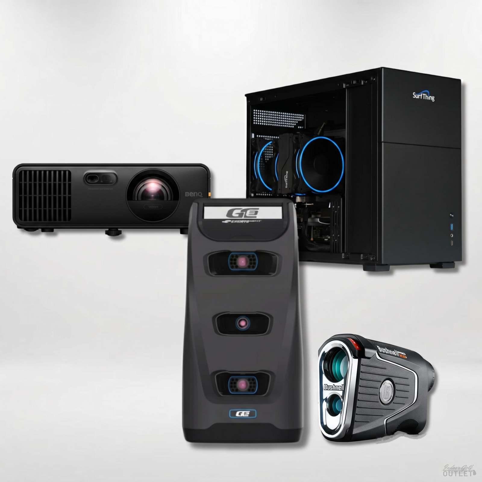 Foresight Sports GC3 Launch Monitor Projector Golf Simulator Computer Package shown with a Bushnell Pro X3 rangefinder.