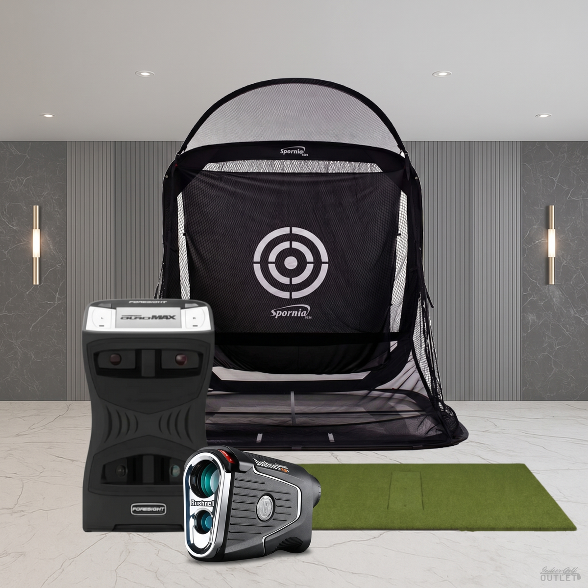 Foresight Sports QuadMAX Practice Package shown with a Bushnell Pro X3 rangefinder.