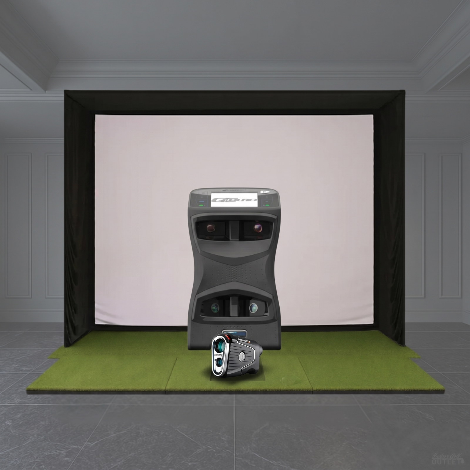 Foresight Sports GCQuad Launch Monitor SIG Golf Simulator Studio Package shown with a Bushnell Pro X3 rangefinder.
