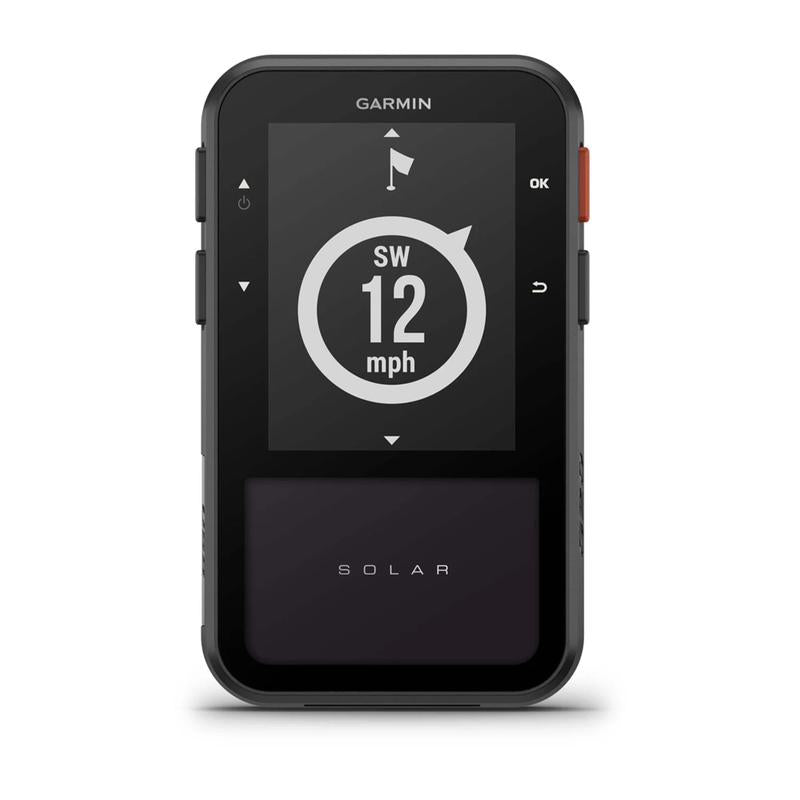Garmin Approach G20 Solar Handheld Golf GPS front view wind speed display.
