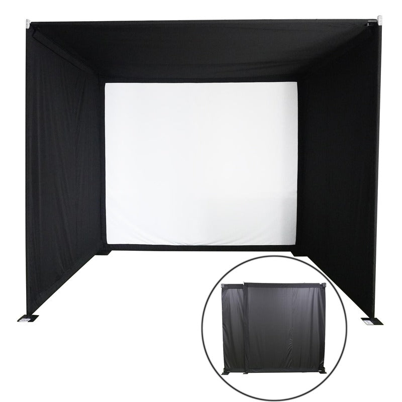 Impact Sports Foldable Golf Simulator Enclosure open for play with an inset showing it folded flat against the wall.