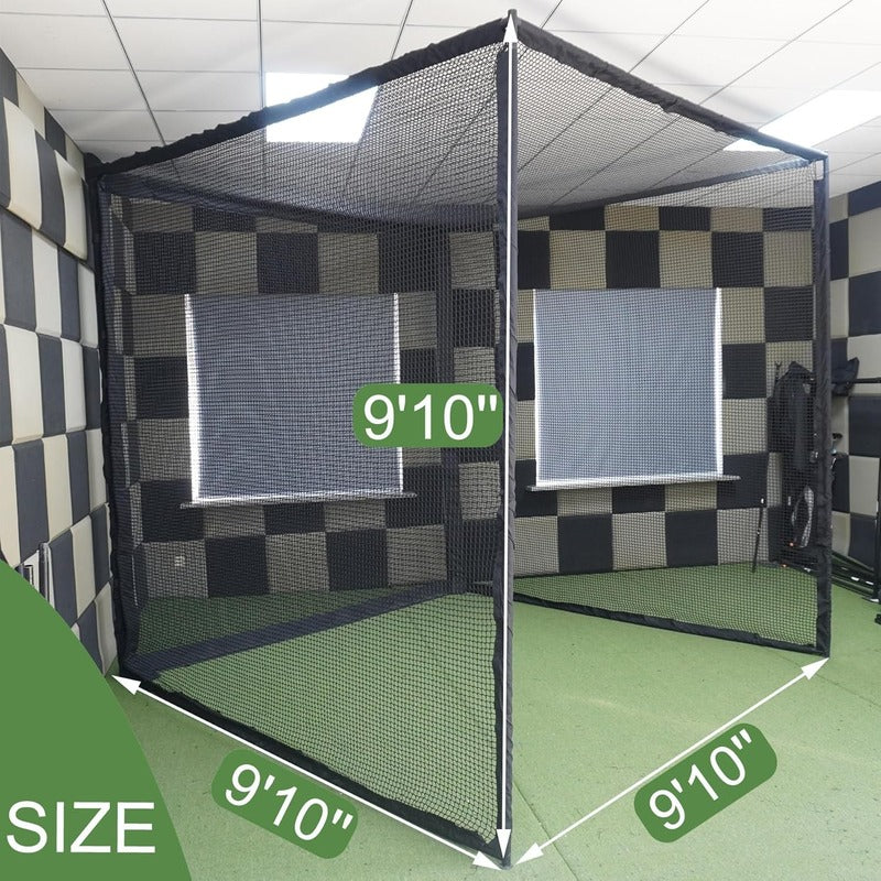 Impact Sports Golf Cage Practice Enclosure with 9'10" x 9'10" x 9'10" dimensions marked.