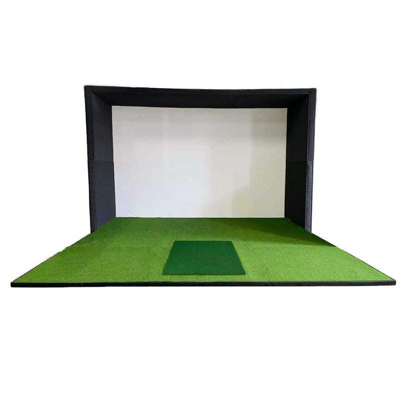Impact Sports Modular Golf Simulator Enclosure with half side walls, turf floor and hitting strip.