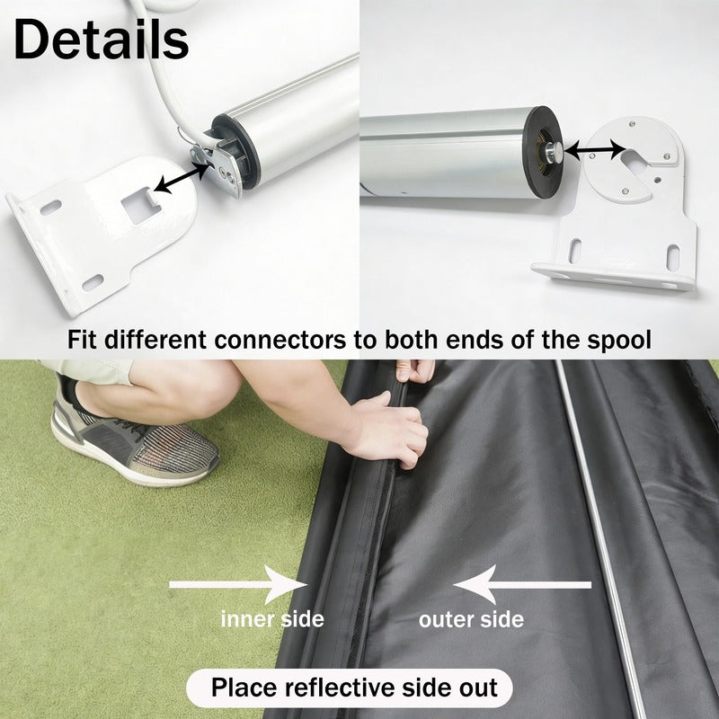 Impact Sports Motorized Drop-Down Golf Simulator Enclosure roller spool end connectors, ceiling brackets and screen fabric orientation.