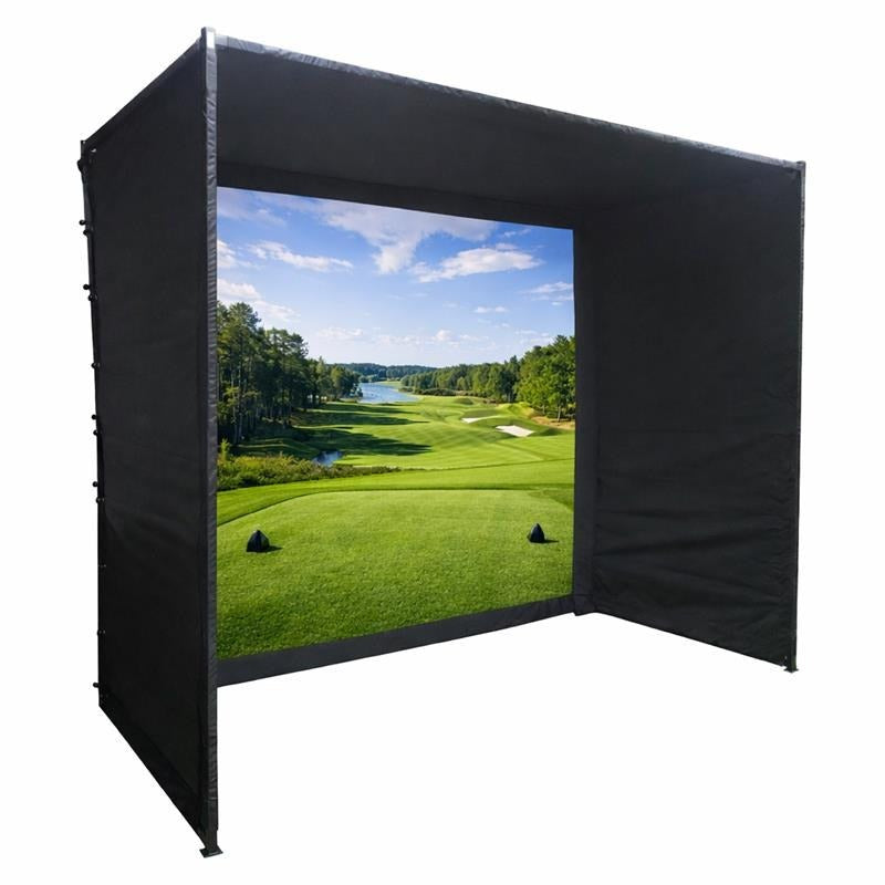 Impact Sports Premium Square Pole Golf Simulator Enclosure front view with a golf course projected on the impact screen.