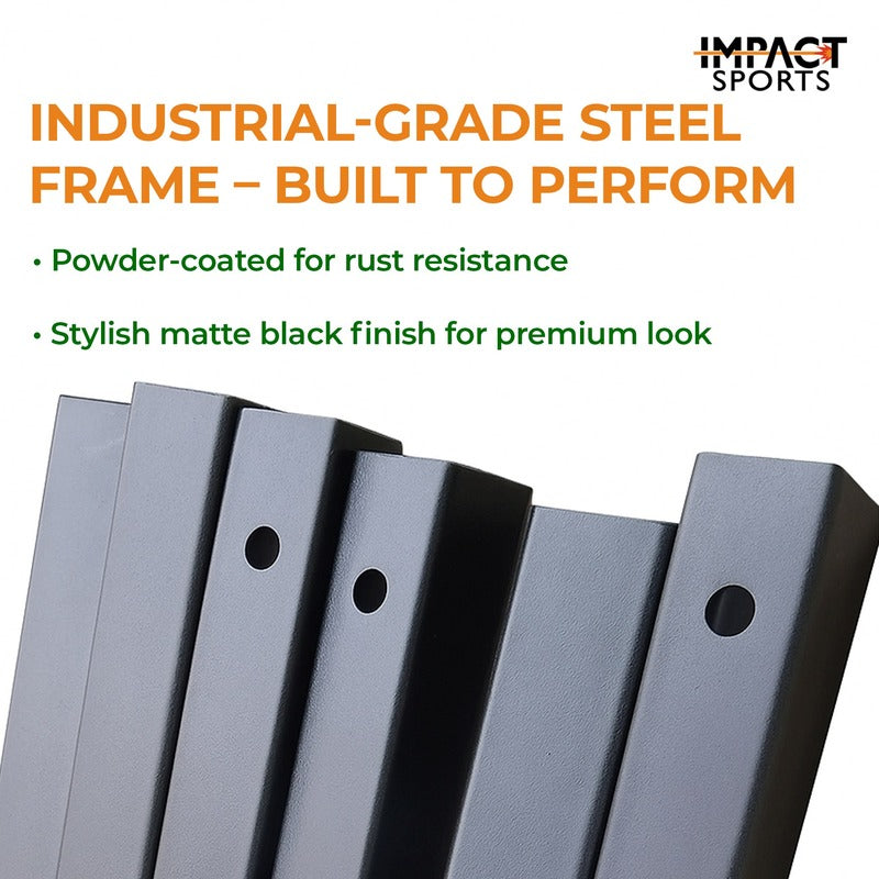 Impact Sports Premium Square Pole Golf Simulator Enclosure industrial-grade powder-coated matte black steel square poles.