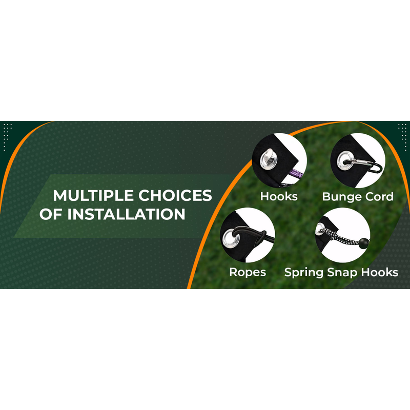 Impact Sports Standard Golf Impact Screen grommet mounting options using hooks, bungee cords, ropes and spring snap hooks.