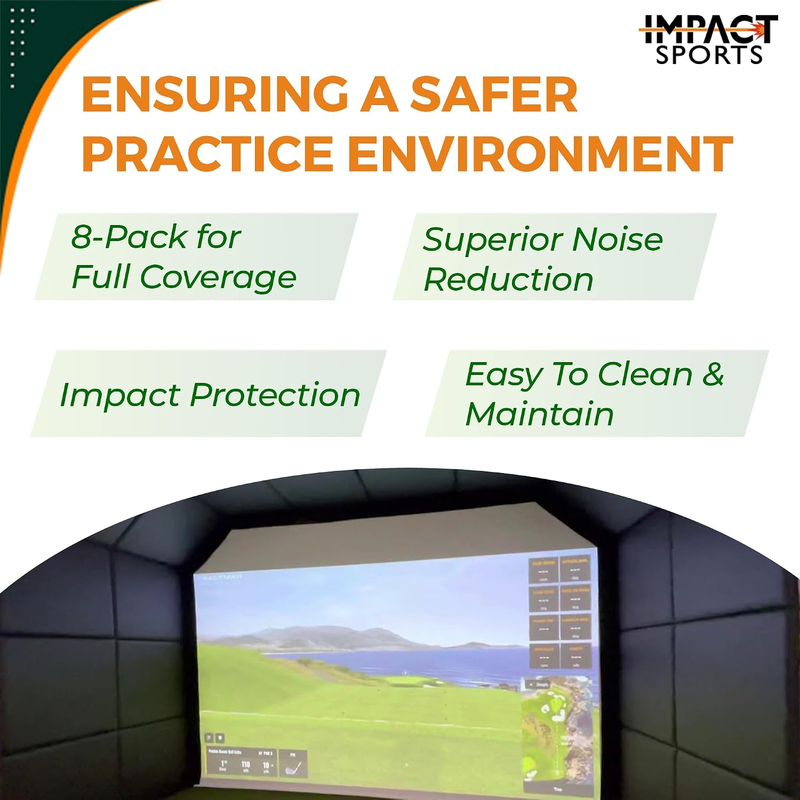 Impact Sports Standard Adhesive Wall Padding feature card covering noise reduction and impact protection above a padded golf simulator bay.