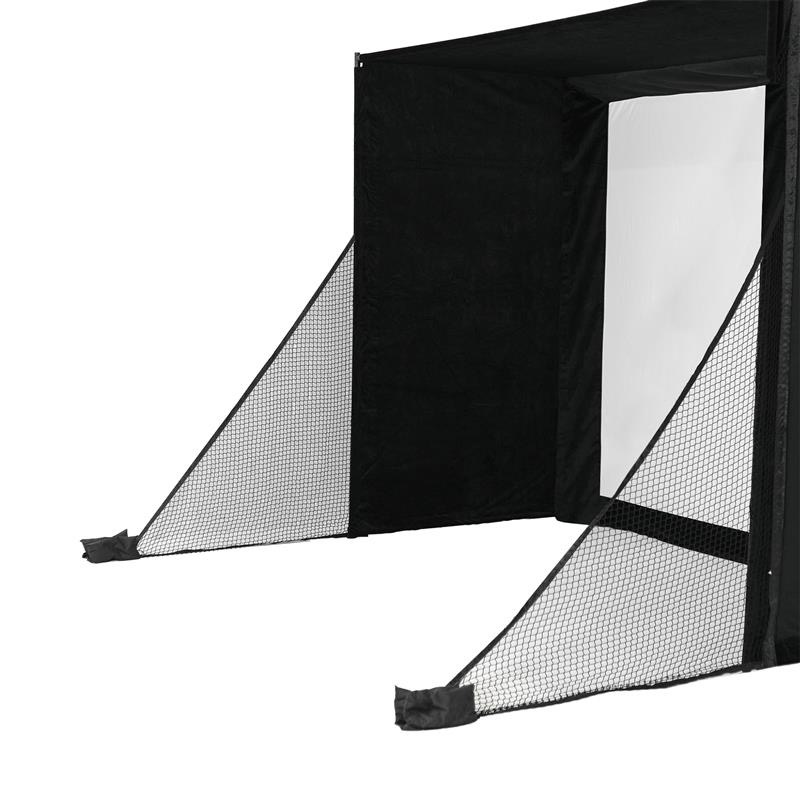 Impact Sports Triangular Net Barriers (Set of 2) mounted as a pair on the front corners of a golf simulator enclosure.