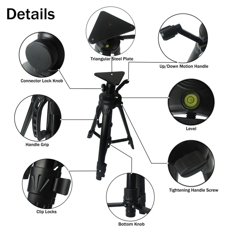 Impact Sports Tripod Projector Stand component details including the steel plate, hand screws and locking knobs.