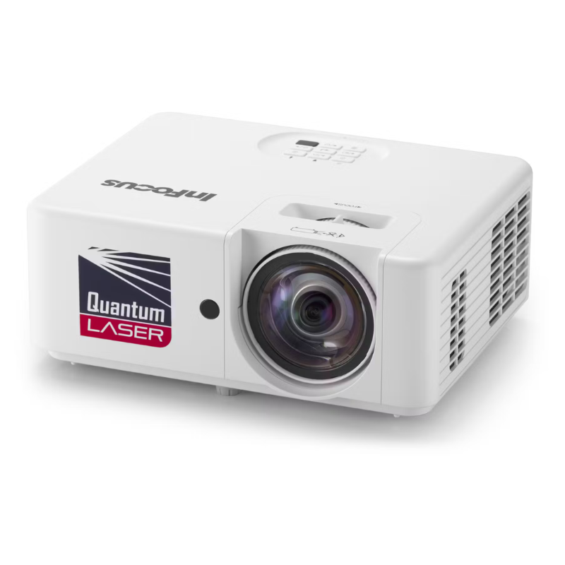 InFocus IN1028ST Nemesis II 4000-Lumen 1080p Short-Throw DLP Laser Projector front left angle view.