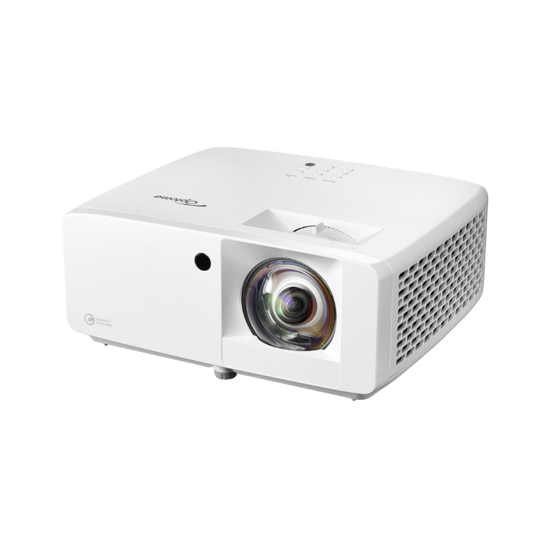 Optoma UHZ35ST 4K 3500 Lumens UHD Short Throw Golf Simulator Projector left angled view.