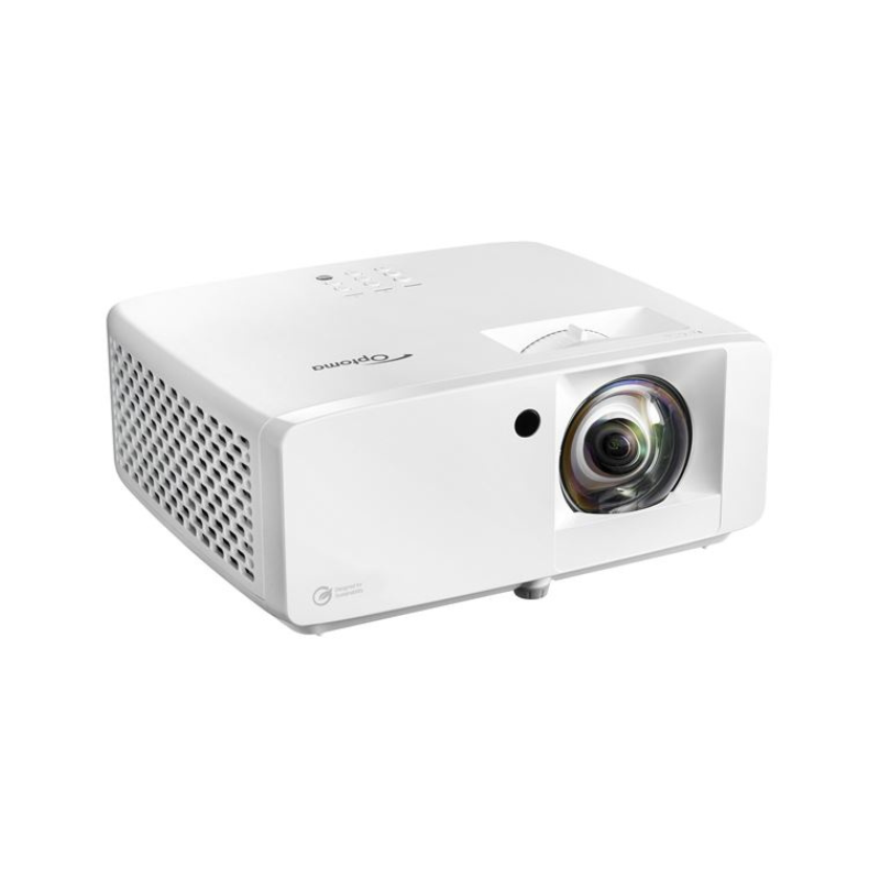 Optoma UHZ35ST 4K 3500 Lumens UHD Short Throw Golf Simulator Projector right angled view.