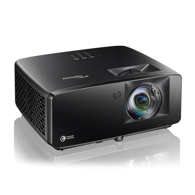 Optoma ZK431ST-B 4100-Lumens 4K UHD Short Throw Golf Simulator Projector left angled view.