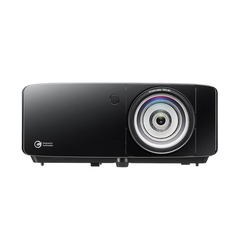 Optoma ZK521ST-B 5000-Lumens 4K UHD Short Throw Golf Simulator Projector front lens detail.
