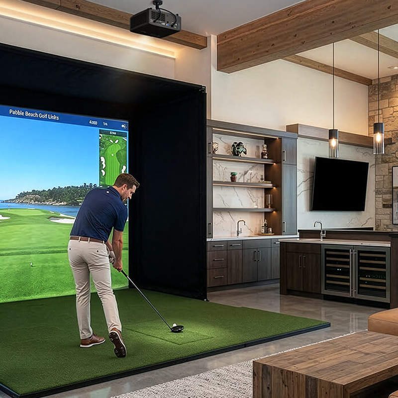 Optoma ZK521ST-B 5000-Lumens 4K UHD Short Throw Golf Simulator Projector in a home golf simulator.