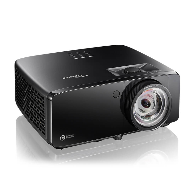 Optoma ZK521ST-B 5000-Lumens 4K UHD Short Throw Golf Simulator Projector left angled view.