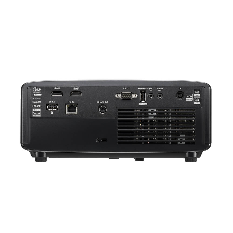 Optoma ZK521ST-B 5000-Lumens 4K UHD Short Throw Golf Simulator Projector rear port view.