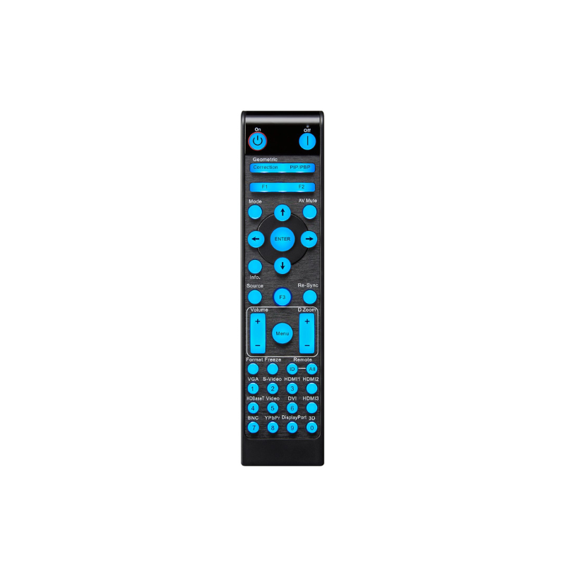 Optoma ZK608TST 4K 6000 Lumens UHD Short Throw Golf Simulator Projector black remote blue buttons.