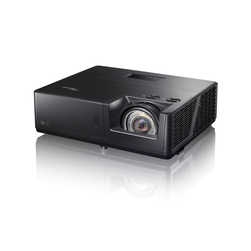 Optoma ZK608TST 4K 6000 Lumens UHD Short Throw Golf Simulator Projector left angled view.