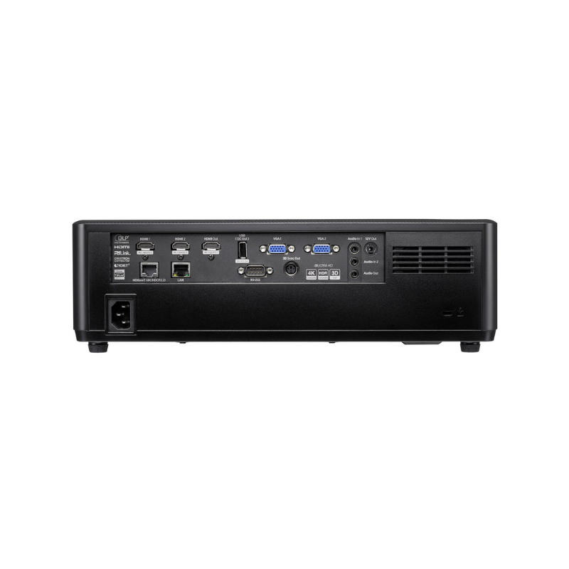 Optoma ZK608TST 4K 6000 Lumens UHD Short Throw Golf Simulator Projector rear port view.