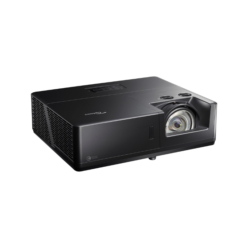 Optoma ZK608TST 4K 6000 Lumens UHD Short Throw Golf Simulator Projector right angled view.