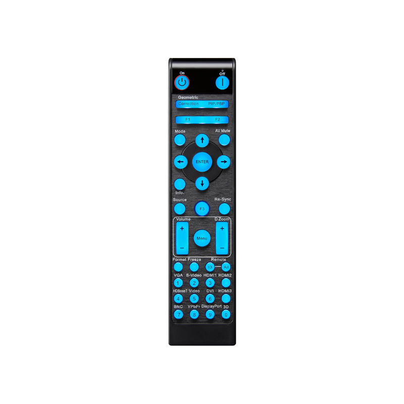 Optoma ZU607T 6500-Lumens WUXGA Laser Golf Simulator Projector black remote blue buttons.