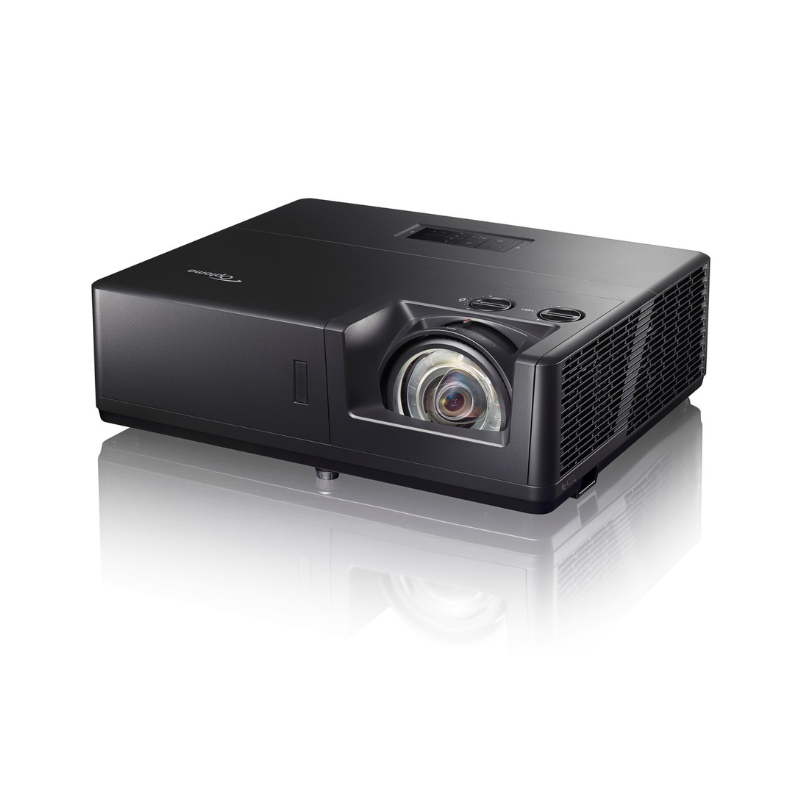 Optoma ZU607TST WUXGA 6000 Lumens WUXGA Short Throw Golf Simulator Projector left angled view.