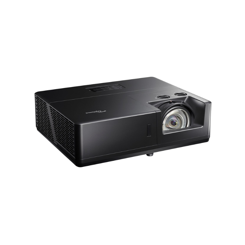Optoma ZU607TST WUXGA 6000 Lumens WUXGA Short Throw Golf Simulator Projector right angled view.