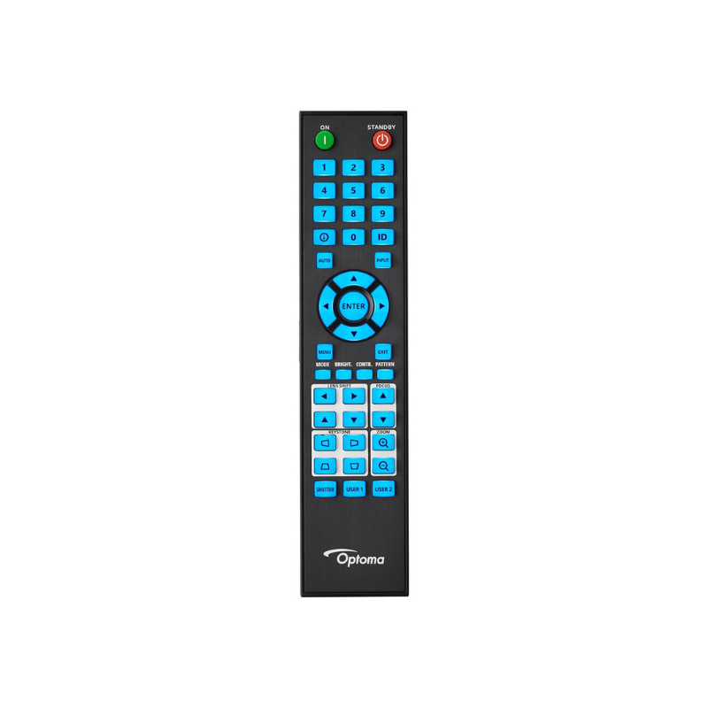Optoma ZU725TST 7200-Lumens WUXGA Short Throw Golf Simulator Projector black remote blue buttons.